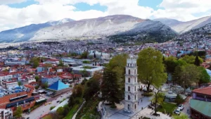 Bursa Tophane Parkı havadan panoramik şehir ve Uludağ manzarası