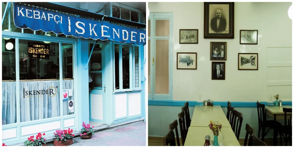 Tarihi Kebapçı İskender Mavi Dükkan dış cephe ve içinde duvarda İskender Efendi ve tarihçesini gösteren fotoğraflar